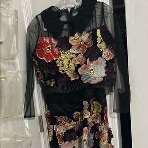 Miri’s size 2 Floral Embroidered Black Mesh set skirt and top